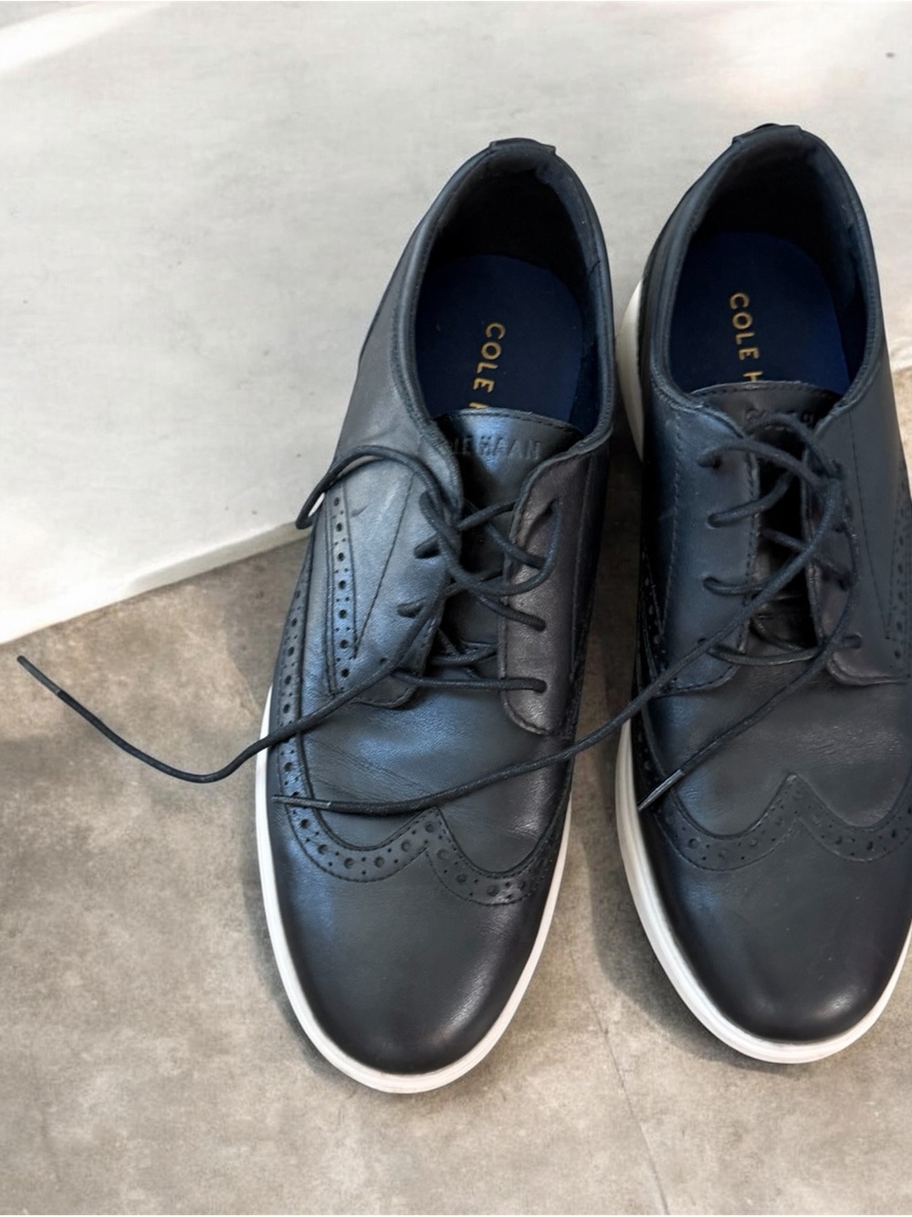 Cole Haan Black Leather Wingtip Derby Sneakers with White Sole